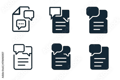Intellectual Property Icons. Lawyers and clients discussing intellectual property cases. Set Logo of licensing negotiation: contract with two speech bubbles.