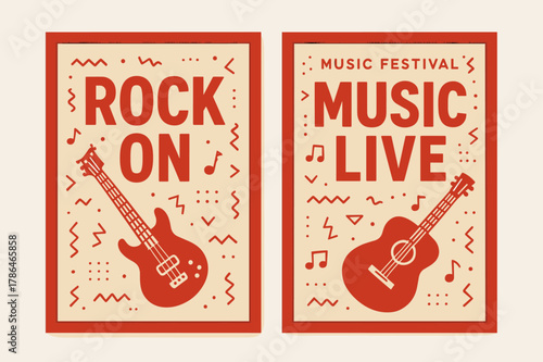 Music Festival Banners. Music Festival. Two vertical A6 banners with safe margins, centered composition, no elements touching edges, memphis, red and beige,
