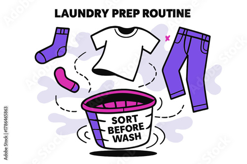 Dynamic Laundry Scene. Laundry Prep Routine. Socks, tees, and jeans hover in midair lines above a spinning basket labeled ?Sort Before Wash.? Dotted motion