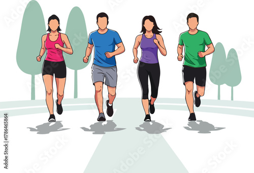 Diverse Group of Four Adults Jogging Together Outdoors in Park for Fitness and Health