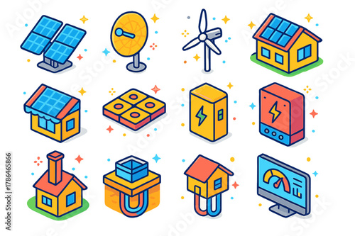 Isometric Renewable Energy Icons. renewable energy features. Colorful isometric vector icons set of renewable energy features: photovoltaic panels, solar