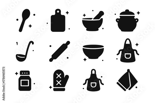 Rustic Kitchen Icons. Rustic Kitchen Tools. Solid icons set of Rustic Kitchen Tools: wooden spoon, cutting board, mortar and pestle, clay pot, ladle, rolling