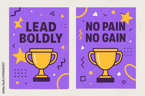 Purple Yellow Leadership Banners. Lead boldly. Two vertical A6 banners with safe margins, centered composition, no elements touching edges, memphis, purple and