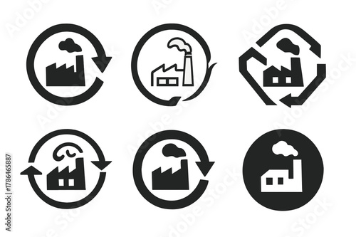 Factory Carbon Footprint Icons. Carbon footprint of factory. Icon set. Set Logo of carbon footprint of factory: circular lifecycle arrows around factory.