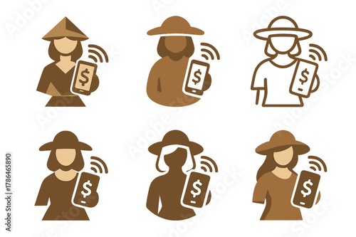 Rural Women Entrepreneurs Logo. Women entrepreneurs in rural areas. Set Logo of women entrepreneurs in rural areas: mobile payment phone with signal. Icon set.