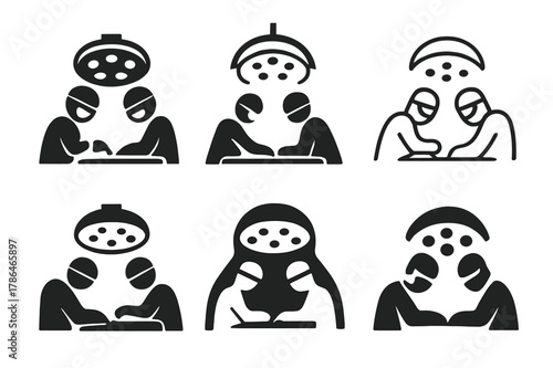 Surgical Emblem Icons. Surgeons performing medical procedures. Set Logo of Surgeons performing medical procedures: overhead operating room light array. Icon