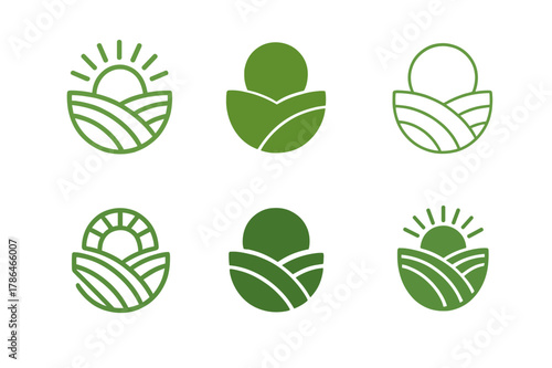 Organic Farming Logos. Organic farming. Set Logo of organic farming: terraced field with rising sun. Icon set. harmonious logo variations of the same