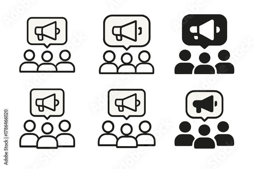 Marketing Strategy Logos. Marketing team discussing campaign strategy. Icon set. Set Logo of Marketing team discussing campaign strategy: megaphone rollout