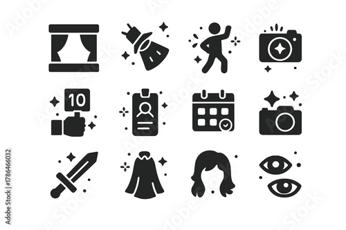 Cosplay Icon Set. Cosplay performance. Solid icons set of Cosplay performance: stage, spotlight, pose silhouette, applause hands, judge scorecard, badge,