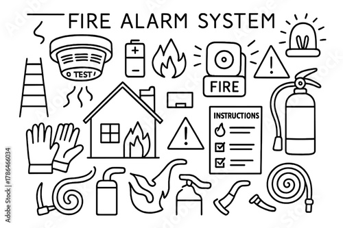 Fire Safety Doodle. Fire Alarm System. Hand-drawn doodle illustration Fire Alarm System smoke detector, alarm sound, light indicator, battery, ceiling, ladder,