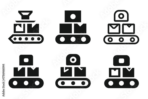 Workplace Automation Logos. Workplace automation. Set Logo of Workplace automation: conveyor belt with boxes and scanner. Icon set. harmonious logo variations