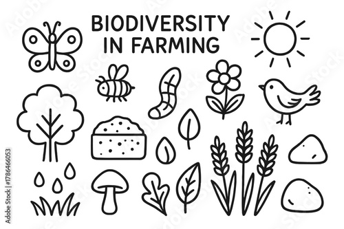 Diverse Farming Icons. Biodiversity in farming. Hand-drawn doodle illustration Biodiversity in farming butterfly, bee, flower, bird, tree, worm, soil, seed,