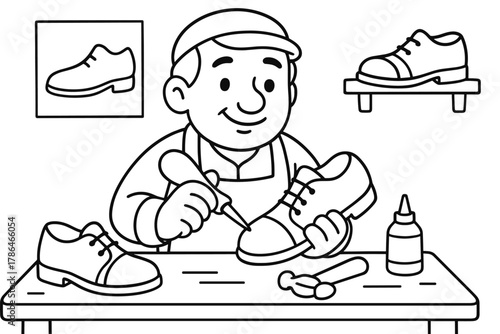 Cobbler Coloring Fun. Shoe maker children?s coloring book illustration, outlined drawing, friendly cobbler