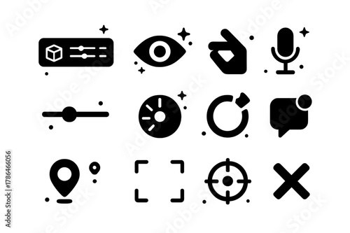 Augmented Reality Icons. augmented reality user interface. Solid icons set of augmented reality user interface: floating toolbar, gaze cursor, hand pinch icon,