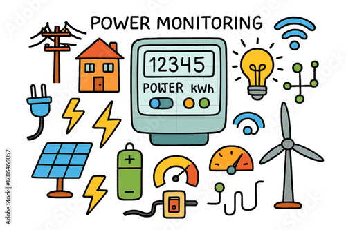 Smart Energy Doodle. power monitoring. Colorful Hand-drawn doodle Children illustration power monitoring smart meter, electricity meter, digital display,