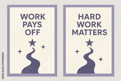 Motivational Banners Design. Work pays off. Two vertical A6 banners with safe margins, centered composition, no elements touching edges, minimal, lavender and
