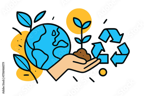 Sustainable Earth Illustration. Sustainable development and environmental responsibility. A green Earth with a few abstract leaves and branches, a hand holding