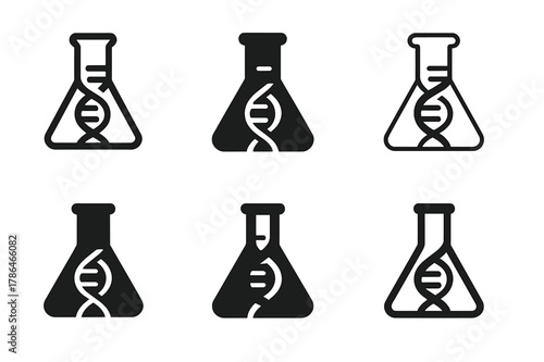 Genetic Modification Logos. Genetic modification. Set Logo of genetic modification: lab flask merging with DNA spiral. Icon set. harmonious logo variations of