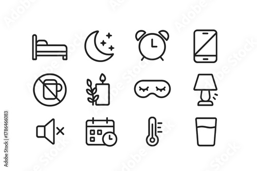Sleep Hygiene Icons. Sleep Hygiene. Line icon set of Sleep Hygiene: bed, moon, alarm clock, phone off, no caffeine, lavender candle, sleep mask, dim light,