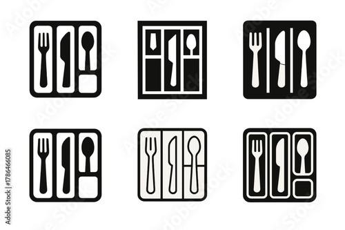 Kitchen Organizer Logos. Using drawer organizers for kitchen gadgets. Set Logo of Using drawer organizers for kitchen gadgets: nested trays with compartments.