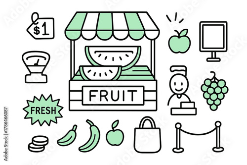 Colorful Fruit Stand Doodle. // Fruit stand. Hand-drawn doodle illustration Fruit stand [market stall (accented), watermelon halves (accented), price tag,