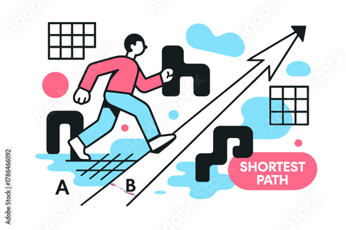 Shortest Path Diagram. Vector Displacement Diagram. A figure walks around obstacles, but a clean arrow cuts directly from A to B; ?Shortest Path? glows near