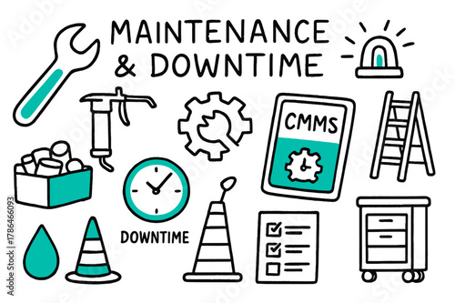 Maintenance Tools Doodle. // Maintenance & downtime. Hand-drawn doodle illustration Maintenance & downtime [wrench (accented), grease gun, spare parts bin