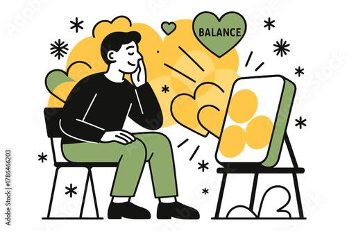 Seasonal Light Harmony. Seasonal Light Therapy. A person sits beside a bright lamp; sunlight shapes overlap with heart icons labeled ?Balance.? Snowflakes