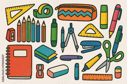 Art Supplies Extravaganza. Colored Pencils. Hand-drawn doodle illustration Colored Pencils, colored sharpener, accented pencil case, colored paper, sketchbook,