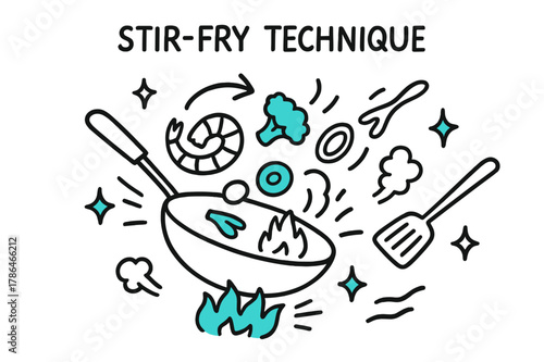 Dynamic Stir-Fry Illustration. // Stir-fry technique. Hand-drawn doodle illustration Stir-fry technique [wok (accented), toss motion arrows (accented), flame