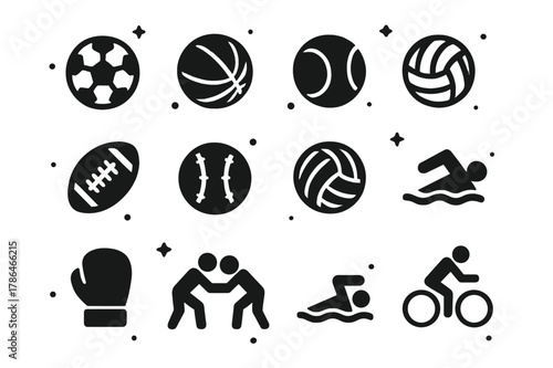 Sports Icon Grid. Sports. Solid icons set of Sports: soccer, basketball, tennis, golf, football, baseball, volleyball, rugby, boxing, wrestling, swimming,