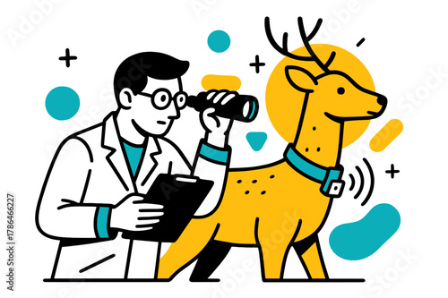 Wildlife Tracking Illustration. Wildlife Tracking. Biologist observing a GPS-collared animal with floating abstract geometric shapes and soft glowing accents,