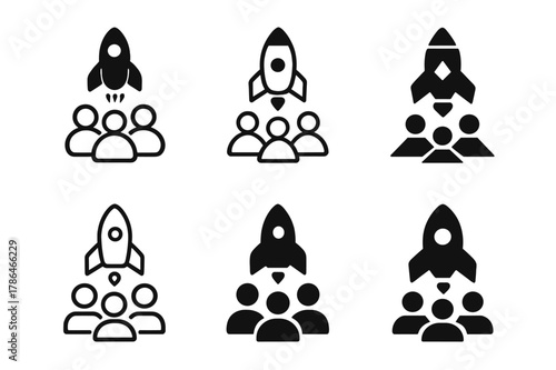 Rocket Collaboration Logos. Managing marketing teams and campaigns. Set Logo of Managing marketing teams and campaigns: rocket launching from team