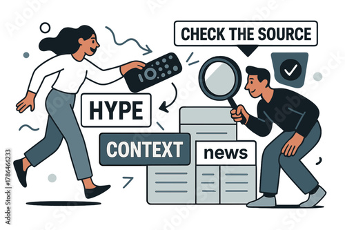 Media Literacy Transformation. Media literacy. A remote switches from ?Hype? to ?Context?; headlines rearrange into balanced blocks. A loupe highlights sources