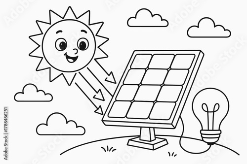 Solar Energy Coloring Page. How solar panels work children?s coloring book illustration, outlined drawing, a cheerful sun sending arrows of light to a panel