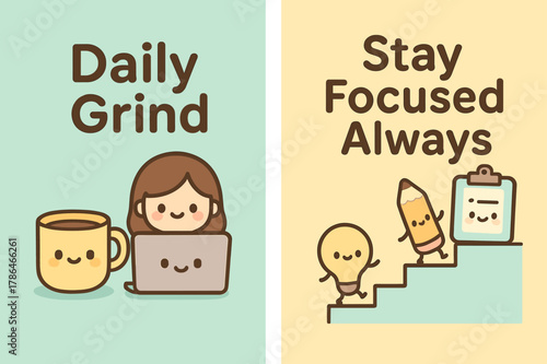 Kawaii Work Motivation. Daily grind. Two vertical A6 banners with safe margins, centered composition, no elements touching edges, kawaii, pastel mint and