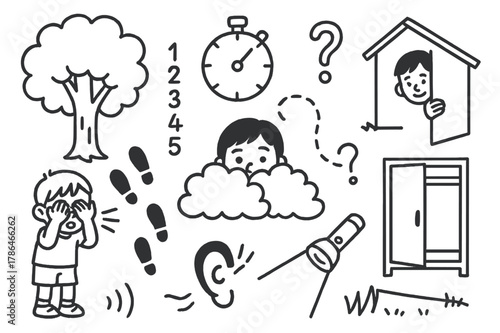 Playful Hide and Seek. Hide and seek. Hand-drawn doodle illustration hide and seek child covering eyes, tree to hide behind, bushes, footprints, peeking face,