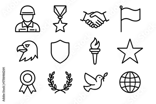 National Hero Icons. National hero. Line icon set of national hero: soldier, medal, handshake, flag, eagle, shield, torch, star, ribbon, laurel wreath, peace
