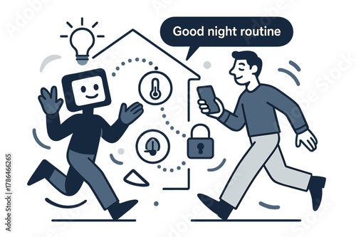 AI Home Harmony. AI Assistants ? Smart Home Steward. The assistant orchestrates lights, thermostat, and locks; dotted signals flow house-wide. Tag ?good night