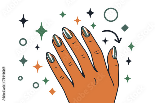 Elegant Foil Nails. Foil nails. Woman showing hand with metallic foil nails under bright light, abstract floating sparkles, stars, and geometric icons;