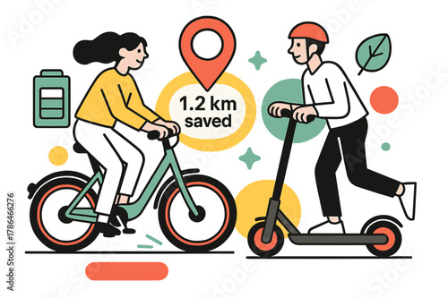 Micro-Mobility Network Illustration. Micro-Mobility Network. E-bikes and scooters glide in clean lanes; a map pin reads ?. km saved.? Battery bars and leaf