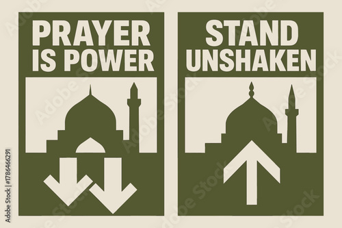 Fortress of Prayer Banners. Fortress of Prayer. Two vertical A6 banners with safe margins, centered composition, no elements touching edges, brutalist, olive