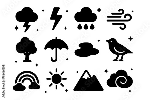 Stormy Weather Icons. Stormy Weather. Solid icons set of Stormy Weather: cloud, lightning bolt, raindrops, wind, tree, umbrella, puddle, bird, rainbow, sun,