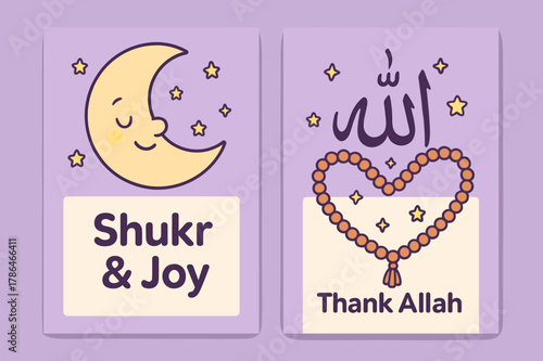 Grateful Prayer Banners. Grateful Hearts. Two vertical A6 banners with safe margins, centered composition, no elements touching edges, cartoon, lavender and