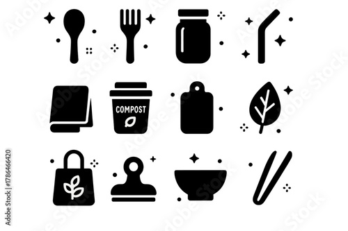 Eco Kitchen Icons. Eco Kitchen Tools. Solid icons set of Eco Kitchen Tools: bamboo spoon, wooden fork, glass jar, reusable straw, cotton towel, compost bin,