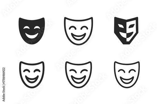 Comedy Mask Icons. Humorous Content. Set Logo of Humorous Content: comedy mask. Icon set. harmonious logo variations of the same emblematic concept, each with
