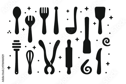 Black Wooden Utensils Icons. Handmade Wooden Utensils. Solid icons set of Handmade Wooden Utensils: spoon, fork, ladle, spatula, honey dipper, salad tongs,