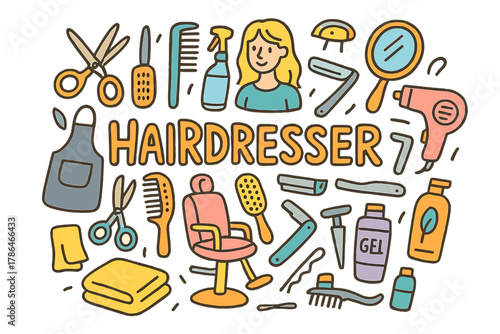 Hairdresser Doodle Icons. Hairdresser. Hand-drawn doodle illustration of Hairdresser. Scissors, comb, spray