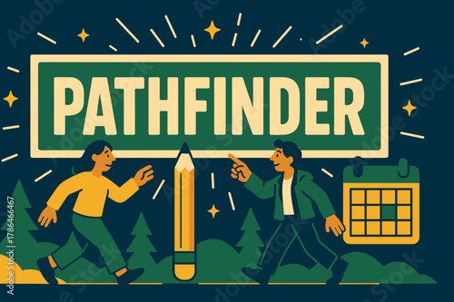 Pathfinder Adventure Banner. Pathfinder banner, flat vector illustration, bold oversized text inside rectangular frame banner, cartoon characters walking and