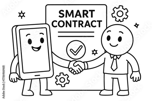 Coloring Book Contracts. Smart contracts children?s coloring book illustration, outlined drawing, two friendly characters shaking hands beside a big document